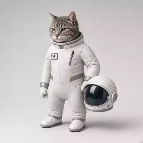A cat wearing a tailored spacesuit, holding its helmet