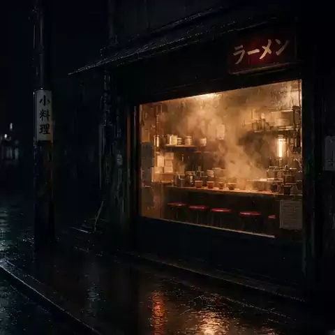A ramen bar glowing through rain at night